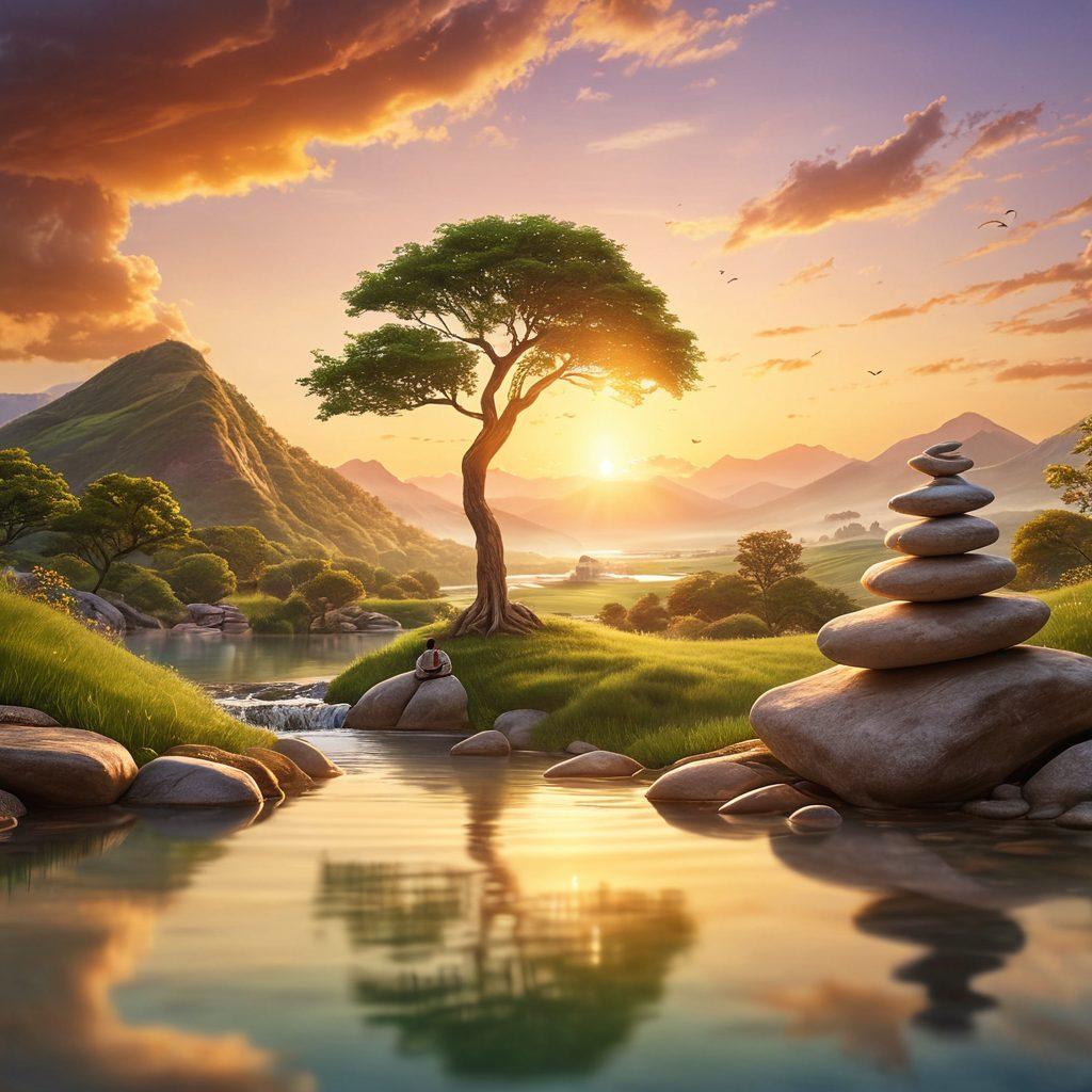 A serene landscape depicting a balanced scale featuring various assets like stocks, bonds, and real estate, set against a tranquil sunset. In the background, a person is meditating on a hill, symbolizing financial peace and relaxation. Add gentle flowing rivers representing smart financial planning. Capture a harmonious blend of nature and finance. super-realistic. vibrant colors. tranquil atmosphere.