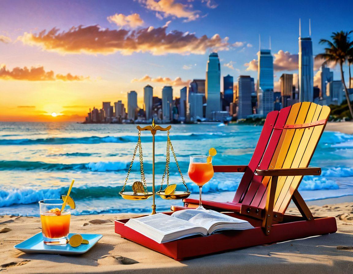 A serene scene depicting a balance scale: one side holds vibrant leisure activities like a beach chair, a book, and colorful cocktails, while the other side showcases financial symbols such as gold coins, stock market graphs, and a briefcase. The background features a calm beach contrasting with a bustling city skyline. The overall mood should convey harmony between relaxation and financial growth. super-realistic. vibrant colors. 3D.